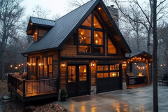 A beautifully designed modern barndominium with warm wood tones, black metal roofing, and glowing lights, creating a cozy cabin feel in a wooded setting.