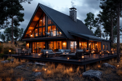 A breathtaking A-frame barndominium with floor-to-ceiling windows, an expansive deck, and warm lighting, blending seamlessly with the natural surroundings.