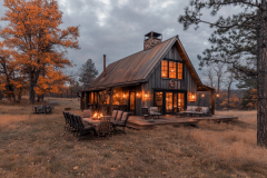 A charming rustic barndominium with a weathered metal roof, warm glowing windows, and an inviting outdoor fire pit, set against a peaceful autumn landscape.