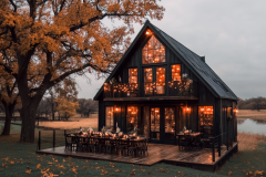 A charming A-frame barndominium with floor-to-ceiling windows, glowing warmly against an autumn backdrop, nestled by a peaceful pond.