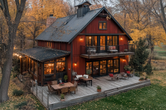 A beautifully restored red barn-style home with rustic charm, featuring a spacious wraparound deck, warm lighting, and surrounded by vibrant autumn foliage.