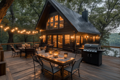 A cozy lakeside barndominium with warm string lights, featuring a spacious wooden deck perfect for outdoor dining and relaxation.