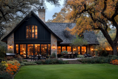 A charming barndominium with a cozy yet modern farmhouse design, featuring warm lighting, lush greenery, and rustic wooden and stone elements for a picturesque retreat.