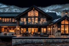 A luxurious mountain barndominium with large glass windows, warm lighting, and a spacious outdoor patio, set against a stunning snow-covered mountain backdrop.