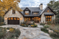 A stunning stone-clad cottage-style home with warm lighting, rustic wood accents, and a beautifully landscaped front yard.