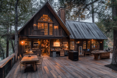 A rustic-modern barndominium with warm interior lighting, a spacious wooden deck, and cozy outdoor seating nestled in a serene forest setting.