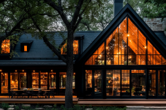 A stunning modern black barndominium with floor-to-ceiling windows, glowing warmly in the evening light, nestled under a large tree for a serene and cozy ambiance.
