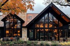 A stunning modern black barndominium with large glass windows, a rustic stone chimney, and warm chandelier lighting, set against an autumn backdrop.