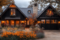 A charming black barndominium adorned with warm lighting and surrounded by vibrant autumn flowers, creating a cozy and inviting ambiance.