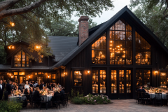 A breathtaking black barndominium illuminated by warm lighting, hosting an elegant outdoor evening event under towering trees.