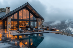 A stunning mountain barndominium with floor-to-ceiling glass windows, a cozy interior glow, and an infinity pool overlooking misty peaks—an ultimate luxury retreat.