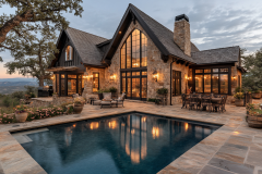 A breathtaking stone-clad barndominium with soaring glass windows, a cozy illuminated interior, and an inviting poolside patio—perfect for a countryside retreat.