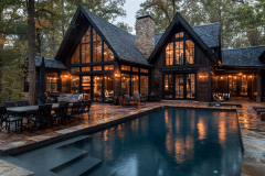 A stunning dark-themed barndominium with large windows, a cozy outdoor living space, and a shimmering private pool, surrounded by lush trees.