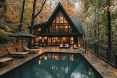 A charming A-frame cabin nestled in the autumn forest, featuring warm interior lighting, a private pool, and a peaceful outdoor lounging area.