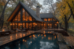 A beautiful A-frame barndominium nestled in the woods, featuring warm glowing lights, a sleek pool, and a rustic-modern design perfect for a serene getaway.
