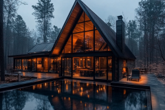 A stunning A-frame barndominium with expansive glass windows, a tranquil pool, and warm interior lighting, creating a cozy and modern retreat in the woods.