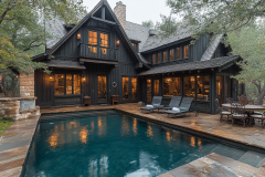 A charming black barndominium with a modern rustic aesthetic, featuring a serene pool, cozy outdoor seating, and warm interior lighting.