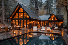 A stunning black barndominium glowing with warm lights, featuring a luxurious pool, elegant outdoor seating, and a serene forest backdrop.