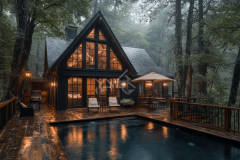 A cozy black barndominium nestled in a misty forest, featuring warm interior lighting, a wooden deck, and a tranquil pool for the ultimate nature retreat.