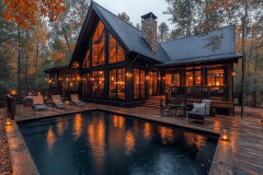 A stunning black barndominium surrounded by autumn foliage, featuring warm glowing lights, a sleek pool, and a rustic-modern design for the perfect seasonal retreat.