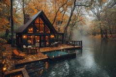 A dreamy barndominium nestled in an autumn forest by the water, featuring warm glowing lights, a cozy deck, and a serene floating pool.