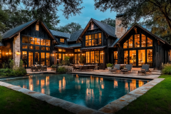 A breathtaking luxury barndominium with warm glowing lights, a pristine pool, and elegant rustic charm, creating the perfect countryside retreat.