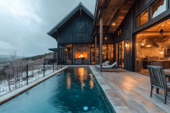 A striking modern black barndominium with a sleek pool, warm interior lighting, and a cozy outdoor fireplace, offering a perfect balance of luxury and rustic charm.