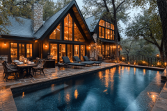 A luxurious barndominium exterior with warm glowing lights, a serene pool, and rustic charm, creating the perfect evening retreat in nature.