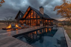 A stunning modern barndominium exterior featuring floor-to-ceiling glass, a cozy fire pit, and a luxurious poolside deck, set against a dramatic evening sky.