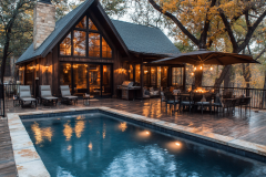 A stunning rustic barndominium with floor-to-ceiling windows, warm lighting, and a private poolside retreat surrounded by autumn foliage.