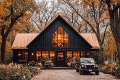 A stunning black barndominium nestled in an autumn forest, featuring warm interior lighting, a modern rustic design, and a cozy countryside ambiance.