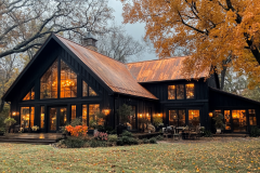 A breathtaking black barndominium with a rustic copper roof, large glass windows, and warm interior lighting, set against a beautiful autumn backdrop.