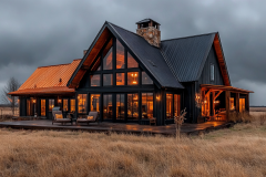 A modern black barndominium with expansive glass windows, a cozy stone chimney, and a contrasting copper roof, set in a serene open field under a moody sky.