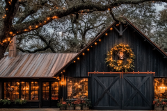 A beautifully decorated black barndominium with warm string lights, a festive wreath, and a rustic barn door, creating a magical and cozy holiday ambiance.