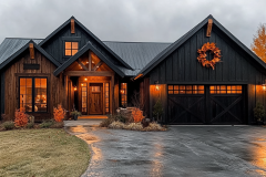 A gorgeous black barndominium with a welcoming front entrance, glowing lights, and fall-themed decorations, creating a cozy and elegant countryside home.