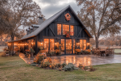 A stunning black farmhouse-style barndominium with warm glowing lights, autumn décor, and a cozy outdoor seating area, set in a peaceful countryside landscape.