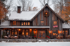 Charming rustic barndominium in a snowy winter setting, adorned with warm holiday lights and festive decor.