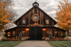 Rustic barn-style barndominium adorned with festive autumn décor, warm wood tones, and a grand wreath, creating the perfect seasonal countryside retreat.