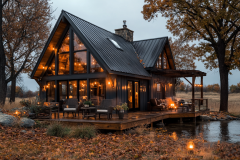Stunning black barndominium with floor-to-ceiling windows, warm glowing lights, and a serene deck overlooking a peaceful pond, perfect for a cozy retreat.