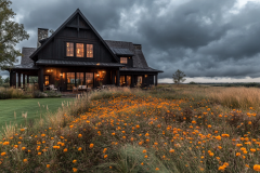 Dramatic black barndominium surrounded by a field of wildflowers, with warm lighting and a moody sky creating a striking countryside retreat.