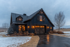Charming black barndominium with rustic wood accents, warm lighting, and a serene winter landscape, creating the perfect countryside escape.