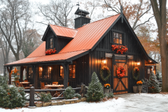 Charming black barndominium with a festive red roof, warm lighting, and cozy winter décor, creating the perfect rustic holiday retreat.