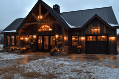 Rustic black barndominium with warm holiday lighting, wood accents, and a cozy winter ambiance, creating the perfect farmhouse retreat.