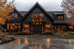 Elegant black barndominium exterior with warm lighting, large windows, and a modern rustic charm, surrounded by beautiful autumn landscaping.