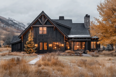 A charming black barndominium nestled in a serene autumn landscape, with warm interior lights glowing against the rustic mountain backdrop.