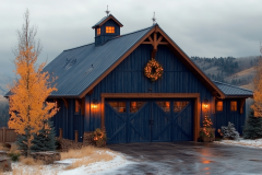 A stunning navy-blue barndominium with warm golden lights, nestled in a peaceful mountain setting with autumn foliage and light snowfall.