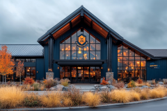 A modern black barndominium with grand glass windows, warm interior lighting, and a rustic-industrial aesthetic, set against a dramatic cloudy sky.