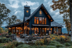 A stunning modern farmhouse with a deep black exterior, expansive windows, and glowing warm lights, nestled in a lush countryside setting.
