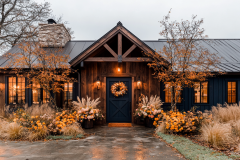 A charming rustic farmhouse with dark wood siding, a cozy front porch, and warm autumnal landscaping, beautifully decorated for fall.