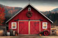 A charming red barn with festive autumn decor, rustic wooden doors, and a scenic countryside backdrop surrounded by fall foliage.